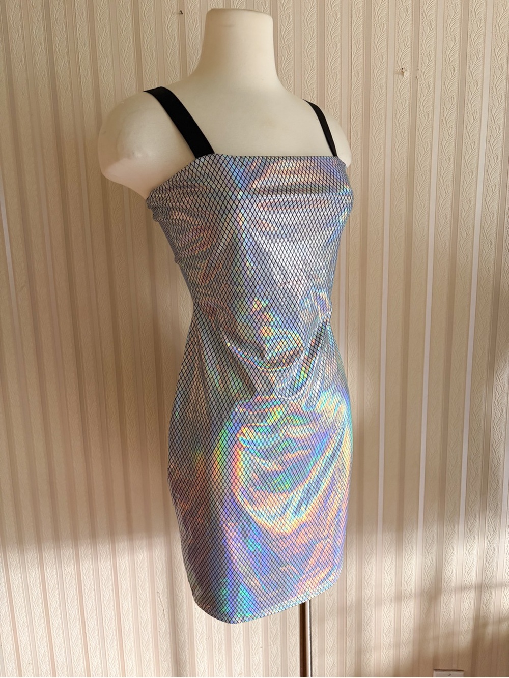 Y2K Holographic Silver Bodycon Dress with Black Straps Iridescent M NWT